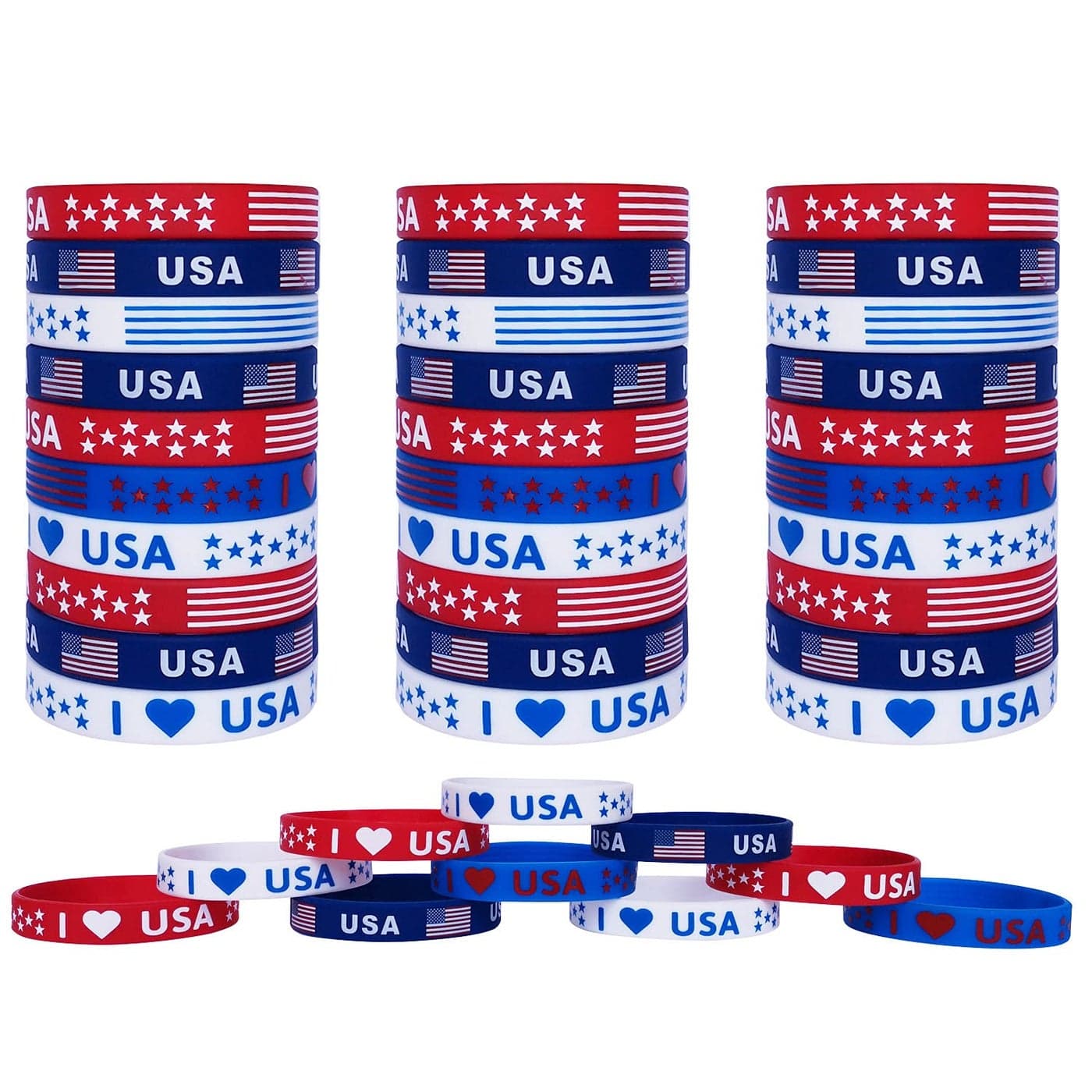 JAKADYUKS American Flag Silicone Bracelet 40Pcs Fourth 4th of July Patriotic Party Favors Memorial Day Veterans Day Wristband USA Red White and Blue Decorations