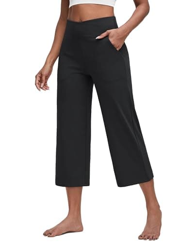 G4Free Capri Pants for Women Wide Leg Yoga Crop Pants with Pockets Cross Waist Stretch Dress Capris for Casual Workout(Black,M,23")