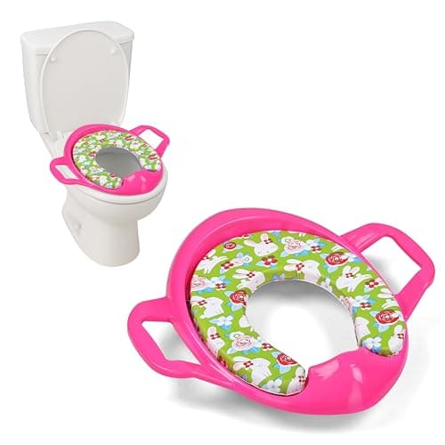 BabyGo Potty Training Seat for Kids | Non-Slip Toddler Toilet Seat with Handles, Splash Guard & Hanging Hook | Easy to Clean, Fits Most Standard Toilets | Ideal for Boys & Girls 1–5 Years - (Pink)