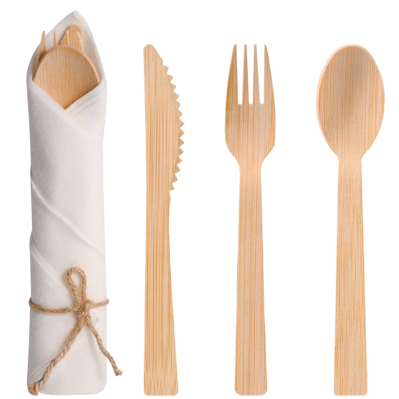 Pre Rolled Napkin and Bamboo Cutlery Set 50Pack Bamboo UtensilsCompostable Cutlery50 Forks 50 Knives 50 Spoons 50 Napkins Biodegradable Wrapped Cutlery for Party Wedding Events