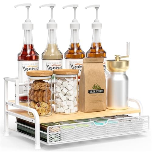 PONEYA Coffee Syrup Rack Organizer, 3-Tier 8 Bottles Syrup Rack with 35 K Cup Storage Basket for Coffee Bar, Countertop Bottle Holder Stand for Wine, Dressing for Kitchen Cafe Station- White