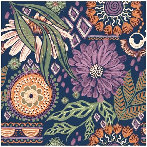 HAOKHOME Peel and Stick Wallpaper Boho Retro Floral Wall Paper Navy Purple Terracotta for Bedroom Living Room Accent Wall 17.3in x 9.8ft