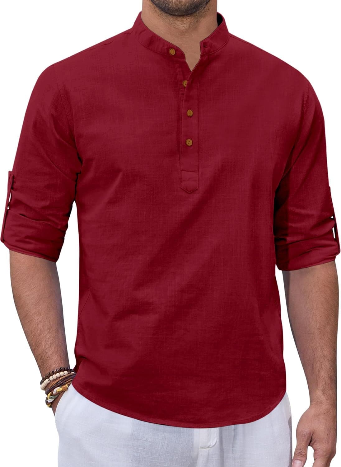 Zombom Men's Kurta || Chinese Collar Long Sleeves || Straight Hip Length Kurtas || Short Kurta for Men || for Festival || Function || Occasion Wear Fancy Kurta Maroon