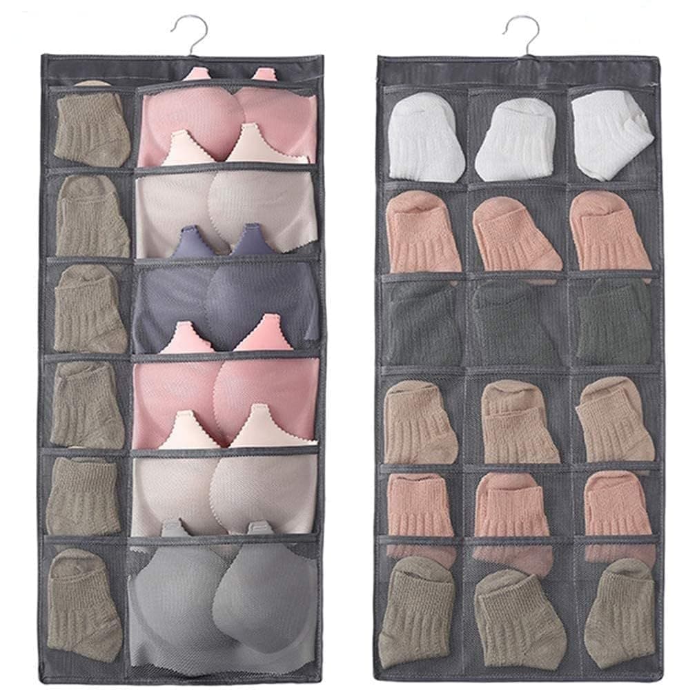 Gnanex Double Sided 30 Pockets Clear Hanging Bag Fabric Brass Finish Socks Bra Underwear Rack Hanger Storage Organizer Wall Hanging Closet Shelves Storage Pockets Grey