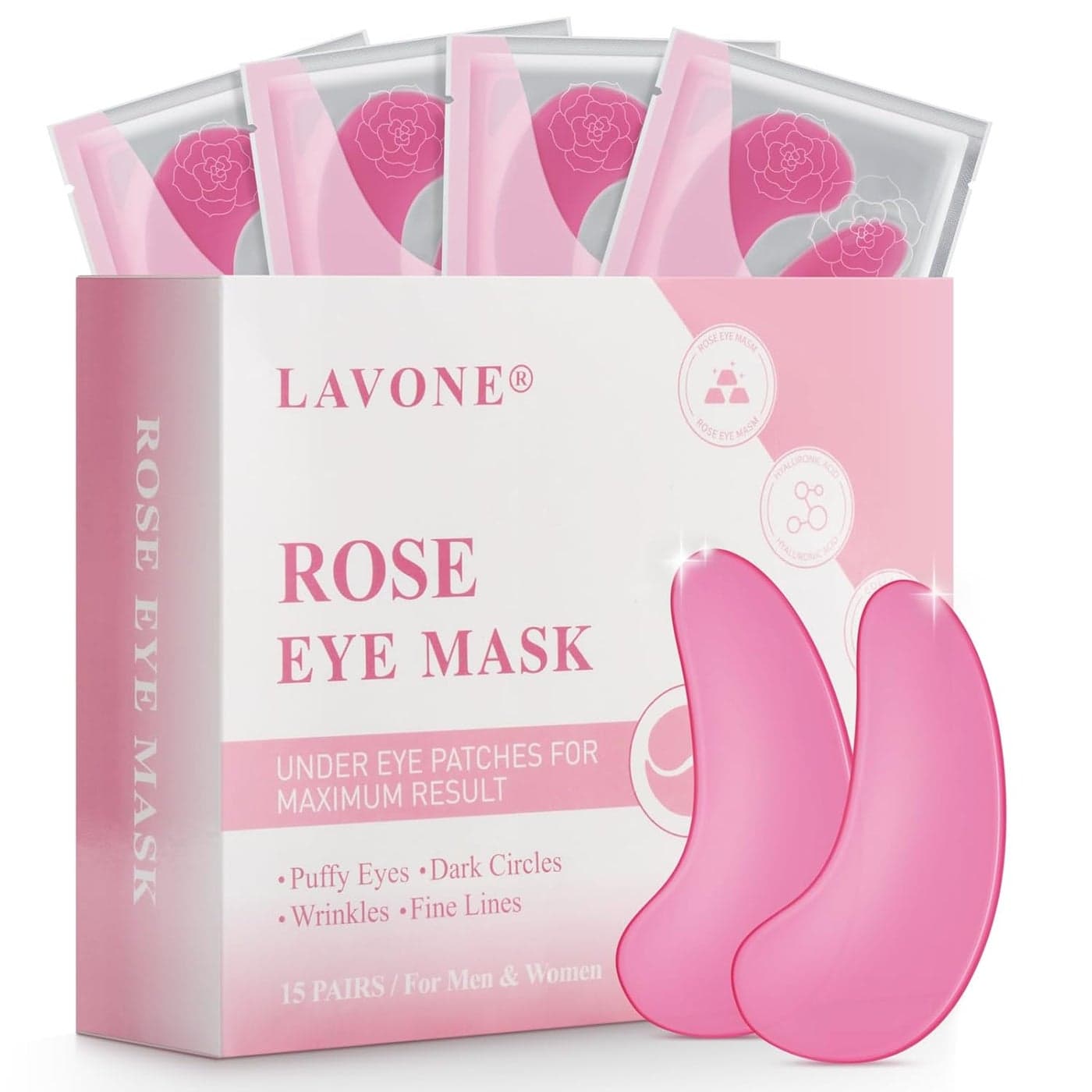 Eye Mask 15 Pairs Rose Under Eye Patches Skin Care Products Eye Masks Skincare for Dark Circles and Puffiness Reduce Wrinkles Eye Bags and Fine Lines for Women and Man with Hair Clips