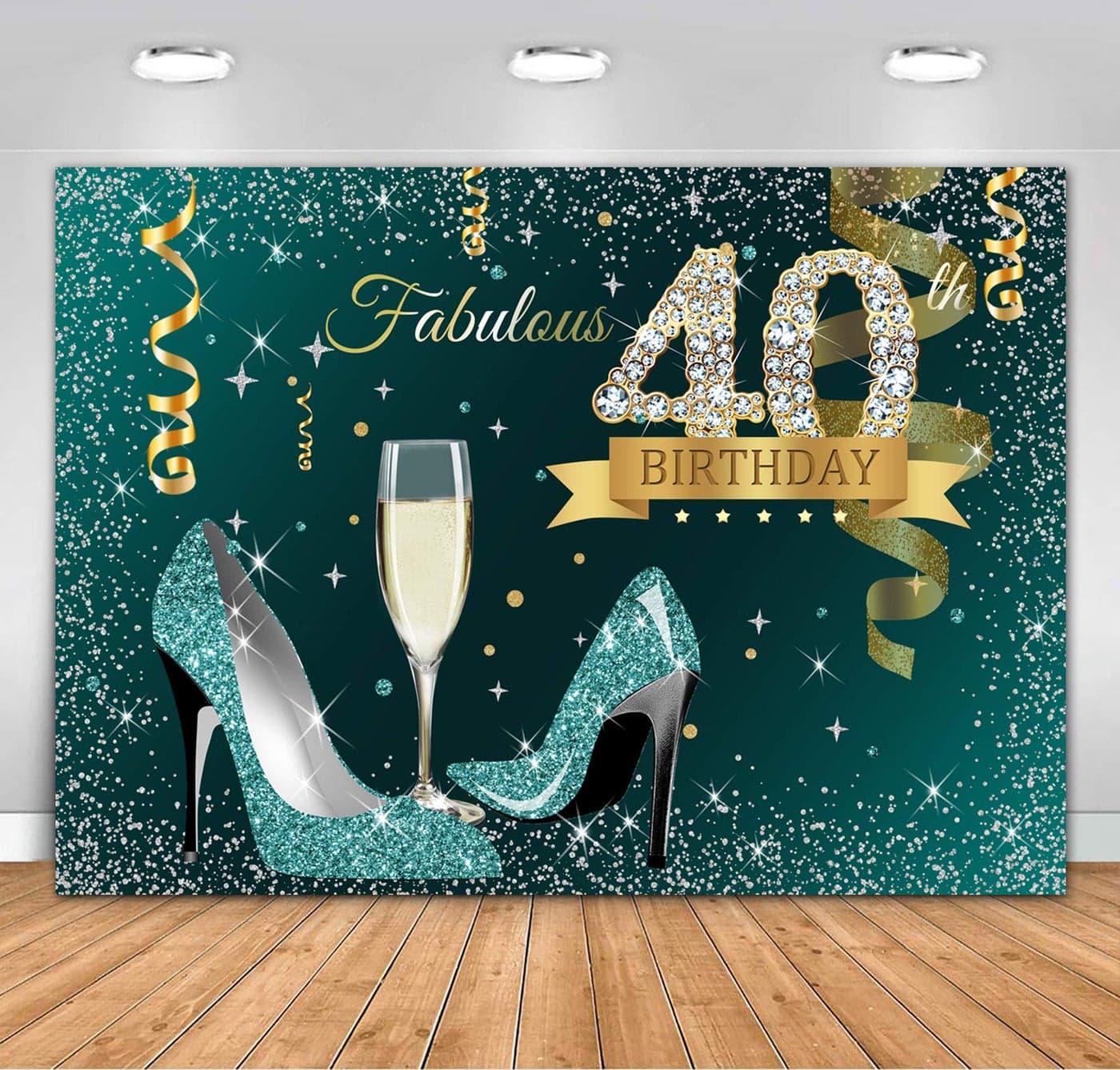 Sensfun 7x5ft Teal Gold Glitter Happy 40th Birthday Backdrop Turquoise Silver Dots High Heels Fabulous Forty Birthday Backdrop for Women Shining Diamond 40th Birthday Backdrops for Photography