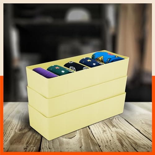 Bathla Drawer Organizers (Set of 3)- 5 Grids Lemon Color Multi-purpose Closet Storage Dividers | Stackable Wardrobe Organizers for Socks, Innerwear, Ties, Jewellery & Stationary | Plastic Storage Box