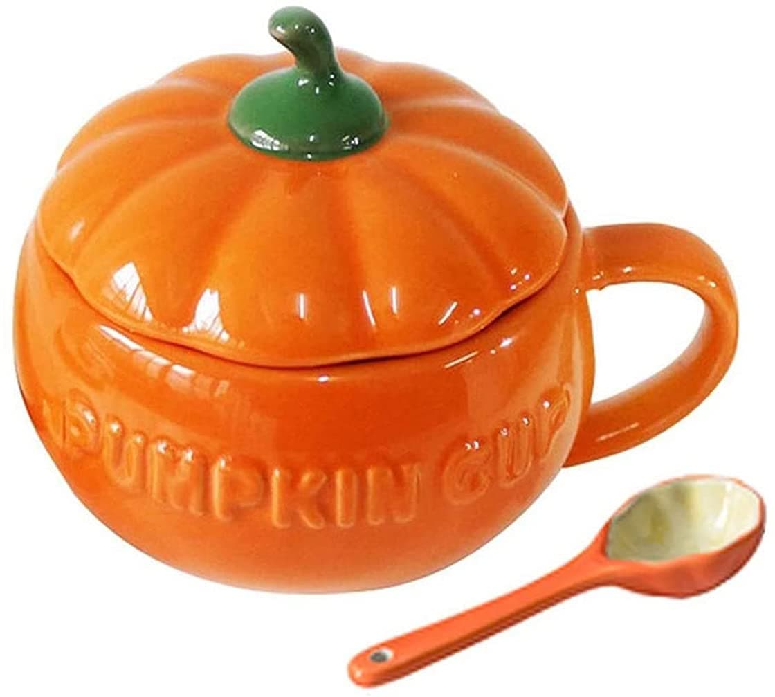 Eplze YBK Tech Cute Pumpkin Cup Ceramic Coffee Mug Tea Cup with Lid and Spoon 85oz
