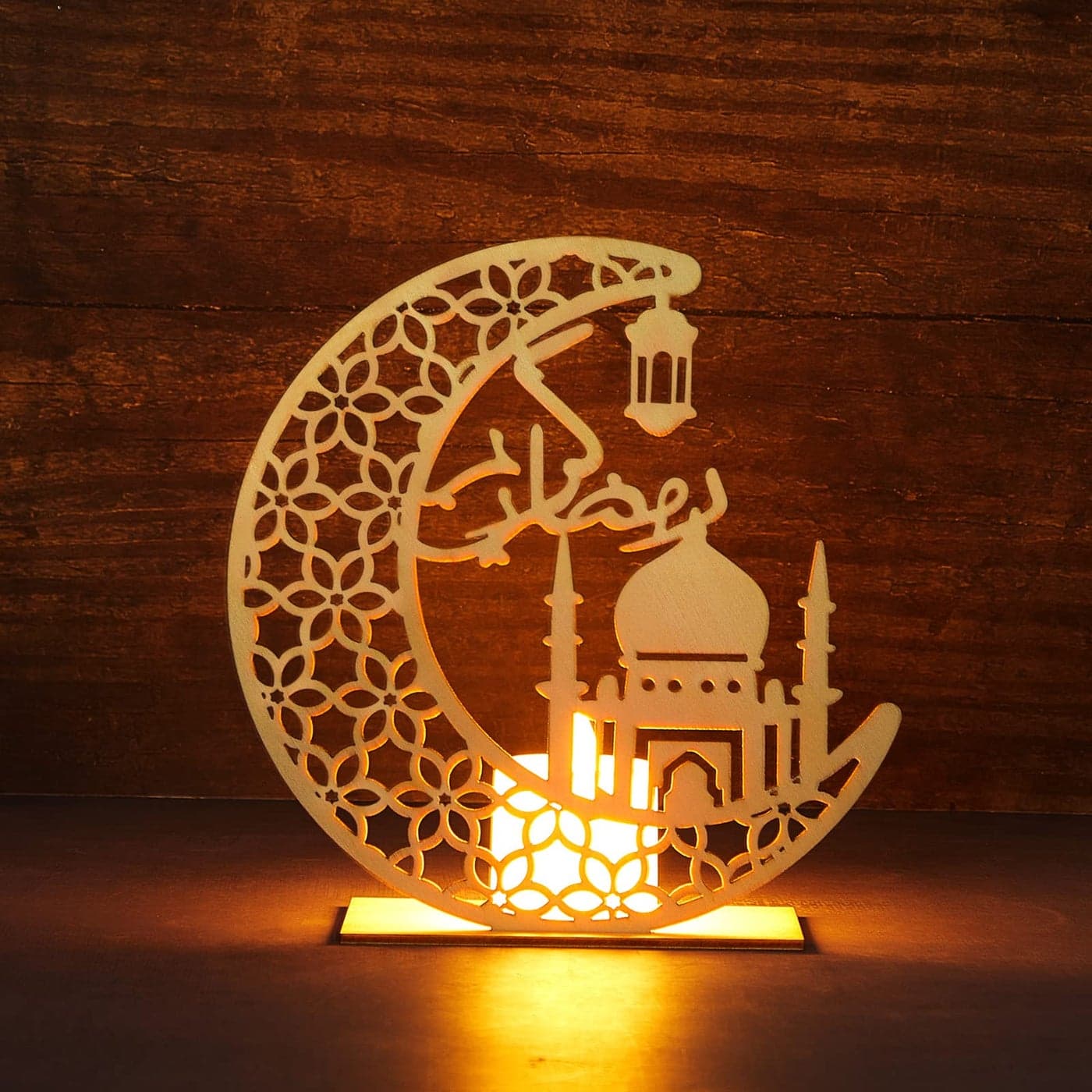 Honoson Eid Crafts Night Light Ramadan Mubarak Light 3D Wooden Moon Shape LED Decoration Ramadan Mubarak Lamp Eid Ornaments for Muslims Islamic Table Decor 58 x 55 InchLetter