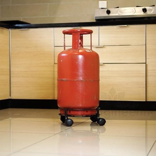 D&V Engineering Metal Heavy Duty Easy Movable LPG Cylinder Trolley, Gas Cylinder Stand with Wheels - Black (Round)