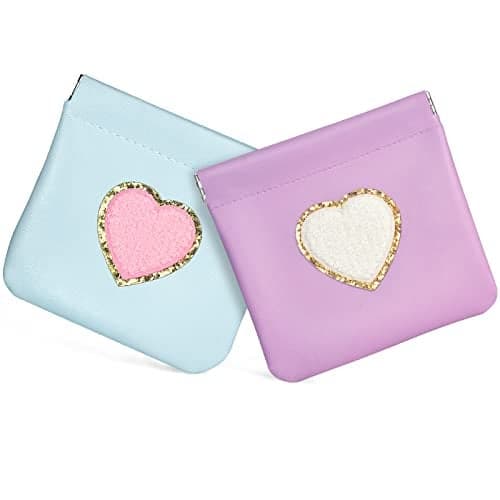 BYXEPA Coin Purse 2 Pack Change Purses Small PU Leather Cosmetic Bag Pocket Heart Makeup Organizer Cute Portable Waterproof Jewelry Travel Case for Women (Blue + Purple)