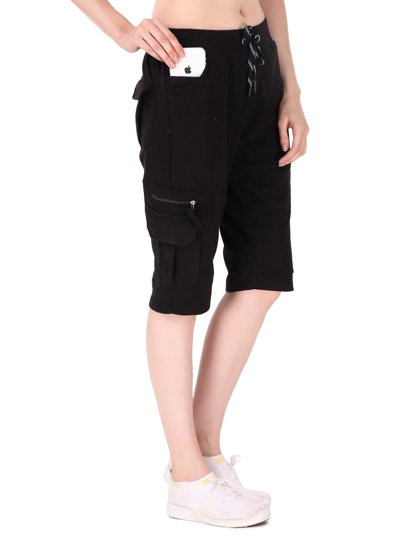 UZARUS Womens Cargo Capri Shorts with 9 Pockets (L, Black)