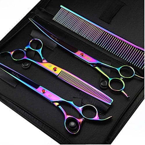 Purple Dragon 8 inch 3 in 1 Professional Pet Grooming Thinning Scissors Upward Curved Shears and Dog Hair Cutting Scissor Perfect for Pet Groomer or Family DIY Use Rainbow