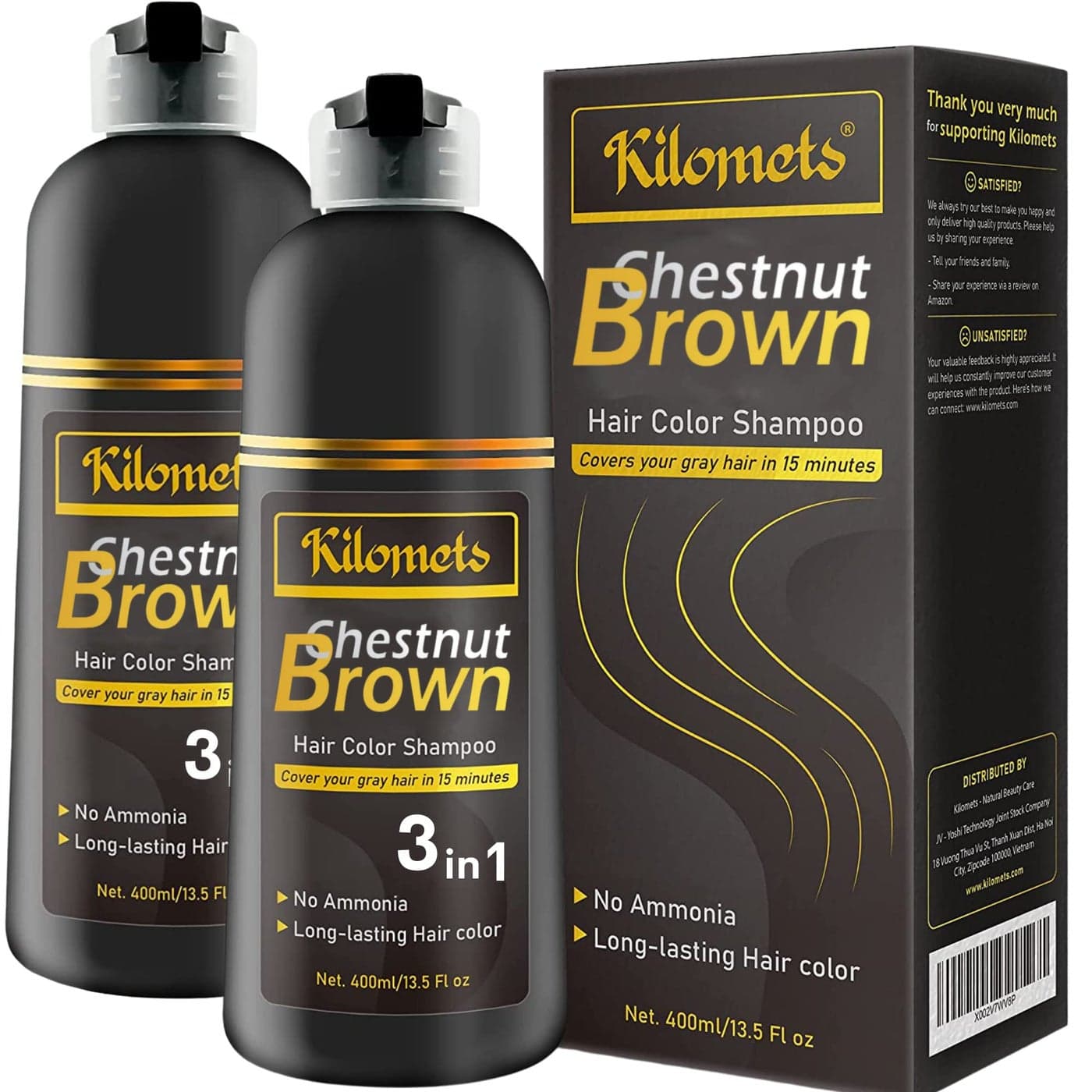 Kilomets Chestnut Hair Dye Shampoo 3 IN 1 Hair Color Shampoo Grey Coverage in Minutes Ammonia Free Instant Coloring Gift for Mom Dad Chestnut Pack 2