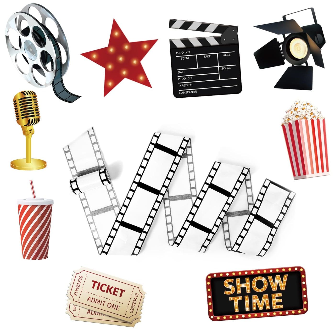 12 Pcs Movie Night Party Decorations Set Includes 11 Pcs Red Carpet Cutouts Theater Photo Booth Cards Cinema Centerpiece Sign 1 Pack Filmstrip Party Tape Movie Theme Props Film Border Roll