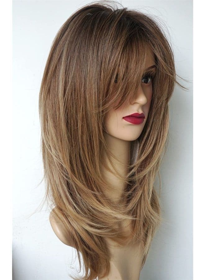 Long Layered Ombre Brown wig Synthetic Hair Fiber Highlight Multicolor Wigs for White Women (Ombre Brown)