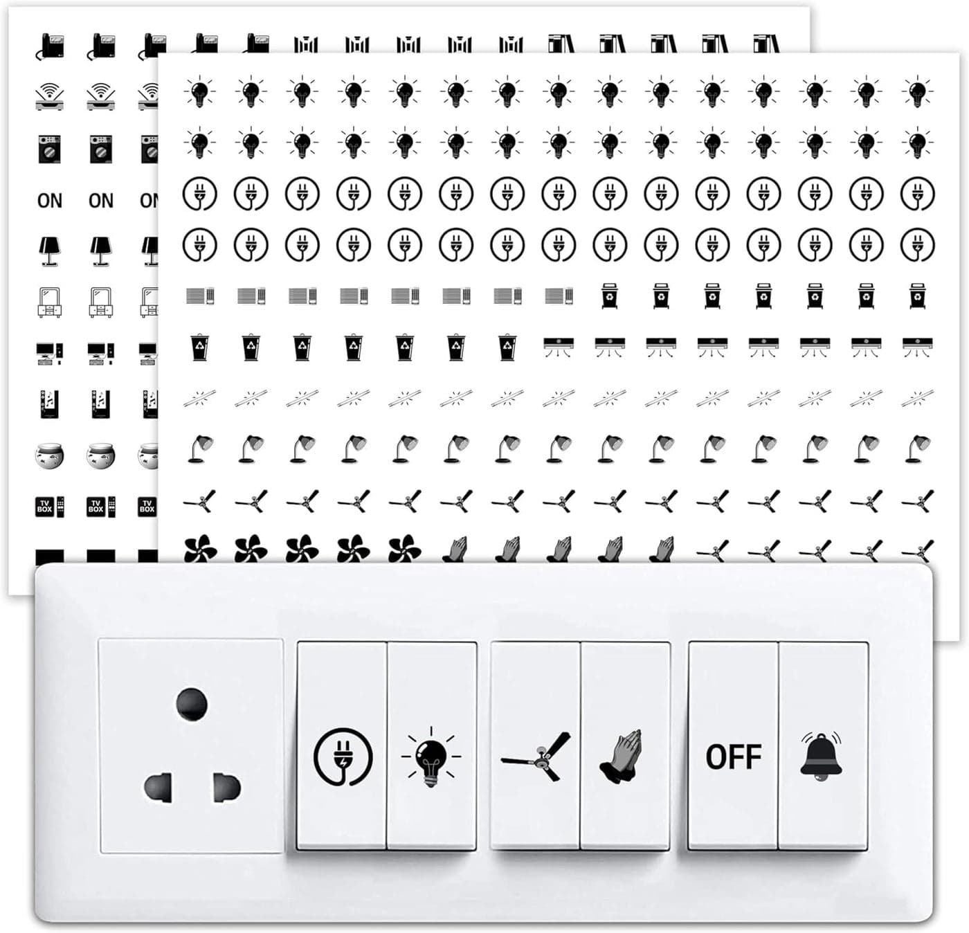 Coofandy Transparent Switch Identifier for Fan Heater Bed Bathroom Kitchen Garage Room,Labels 3-A4 Sheets for Electric Board Appliances, 27 Designs-495 Stickers for White and Black Switches, 1 Sheet