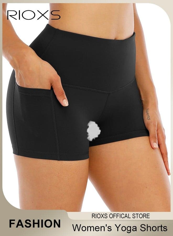 Women's High Waisted Tummy Control Shorts, Workout Stretch Polyester Yoga Pants, Athletic Soft Training Shorts With Side Pockets For Phone, Suitable for Biking, Running, Gym, Solid Black