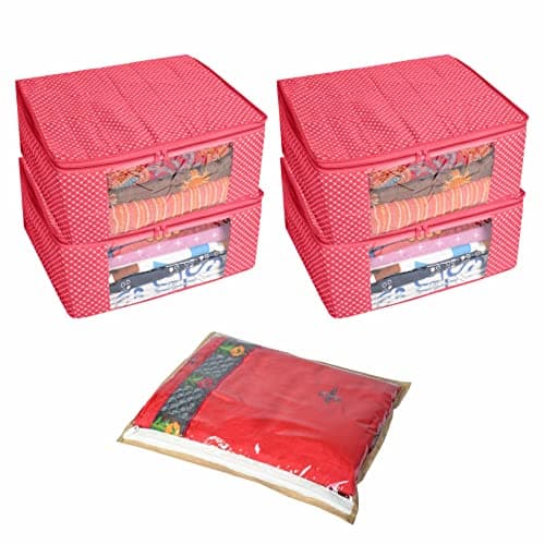 Homestrap Combo of 5 Saree Bag | 4 Cotton Quilted 3 Layered Foldable Saree Covers (Pink) & 1 Single Saree Wardrobe Organizer (Beige) For Lehenga, Suit, Dress,& Accessories