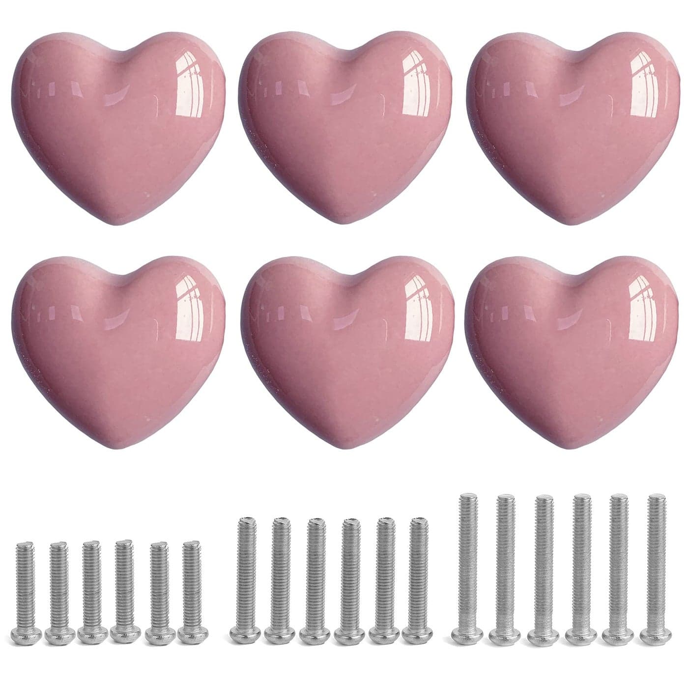 Perphin Ceramic Drawer Knobs Heart Shape Cabinet Dresser Pulls Handles with 3 Sized Screws Kitchen Furniture Knobs for Closet Cupboard Wardrobe 6 Pack Pink