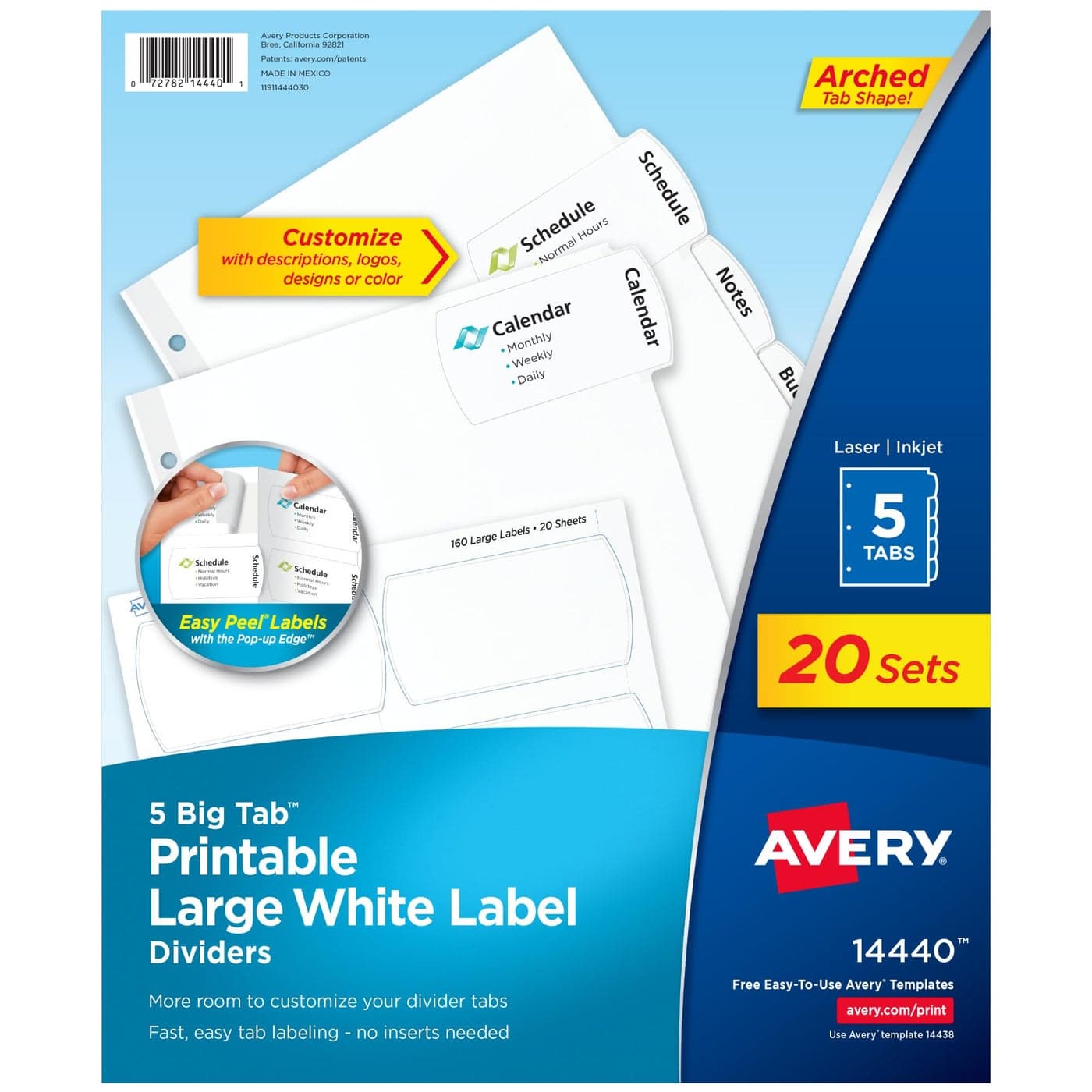 Avery Big Tab Printable Large White Label Dividers 5Tab with Easy Peel Labels Dividers for 3 Ring Binders 20 Sets 14440