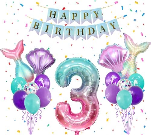 Uorbmaio 3rd Birthday Party Decorations Mermaid Tail Shell Balloons Number 3 Foil Balloon 32 Inch with Happy Birthday Banner Kit Blue Pink Purple Mermaid Party Supplies Set