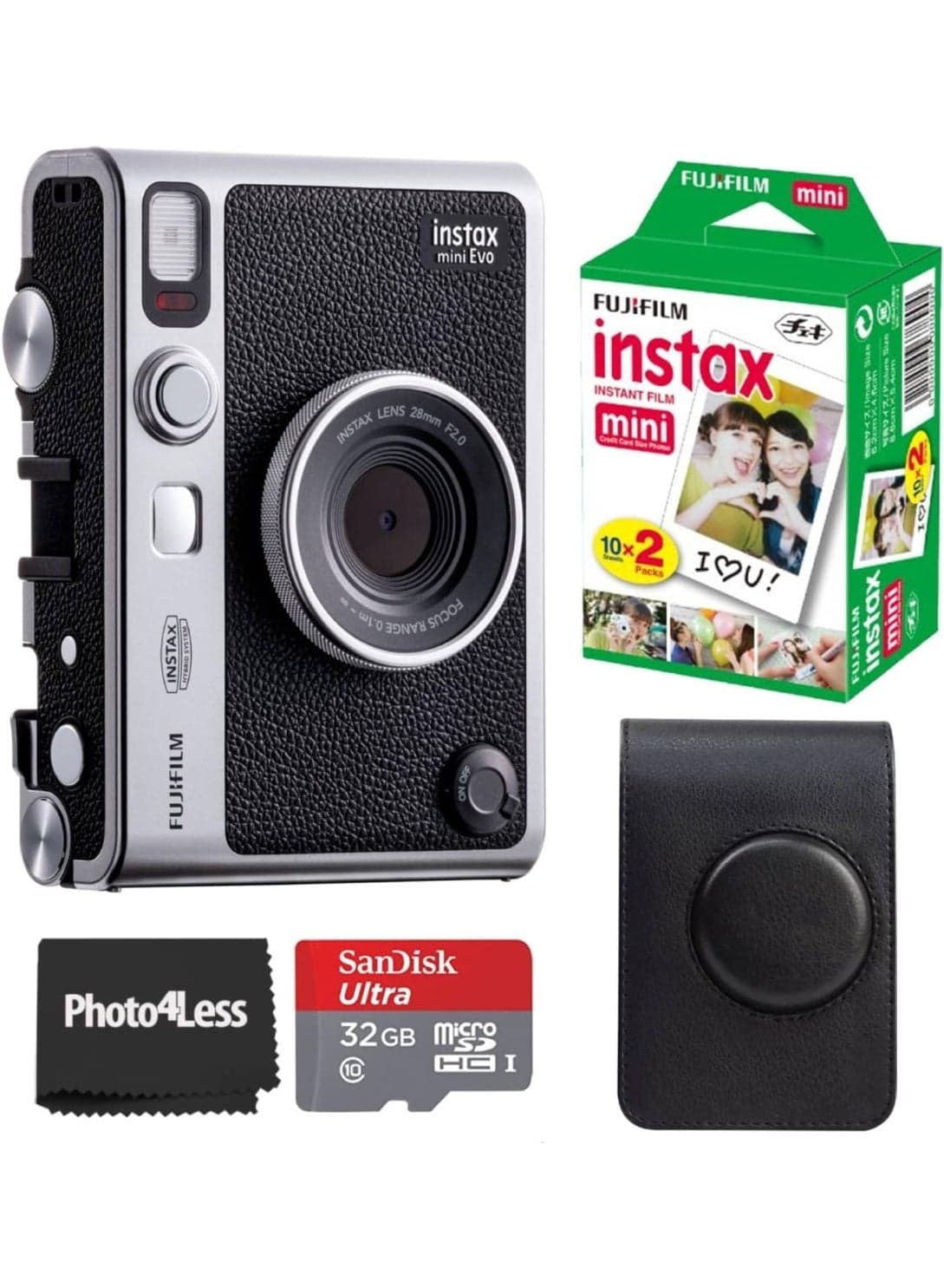 EVO Black Instant Camera Bundle with Black Case, 32GB SD Card & Instax Mini Film20 Sheets (All In One)