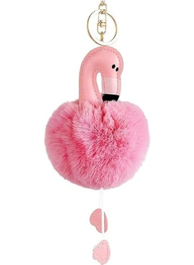 Plush Flamingo Keychain Metal, Fluffy Key Ring, Soft Balls Keyring Handbag Car Pendant Ornaments for Women Souvenir Birthday Gift -Pink