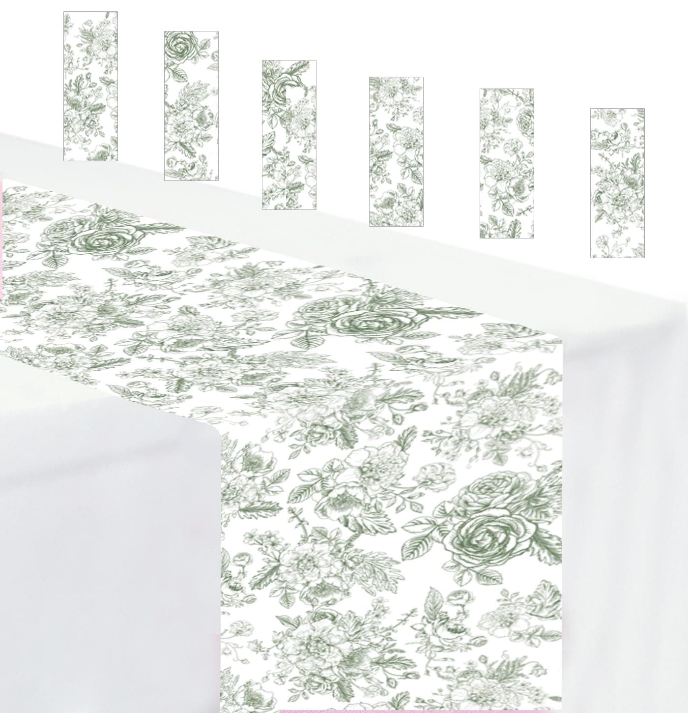 MUNILAIL 6 PCS Sage Green Floral Table Runner 14 x 108 Plastic Flower Table Runner for Party Birthday Baby Shower Bridal Shower Wedding Disposable Table Runners