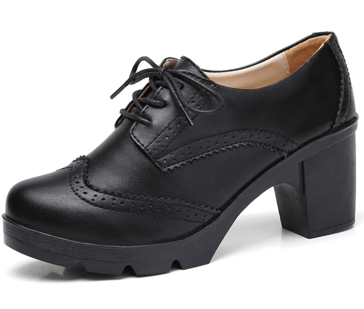 DADAWEN Women's Classic T-Strap Platform Mid-Heel Square Toe Oxfords Dress Shoes Black US Size 6