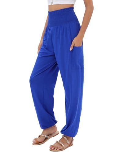 QIANXIZHAN Women's Harem Pants, High Waist Yoga Boho Trousers with Pockets Blue L
