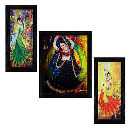 Indianara Set of 3 Indian Folk Dance Painting (3553BK) without glass 6 X 13, 10.2 X 13, 6 X 13 INCH