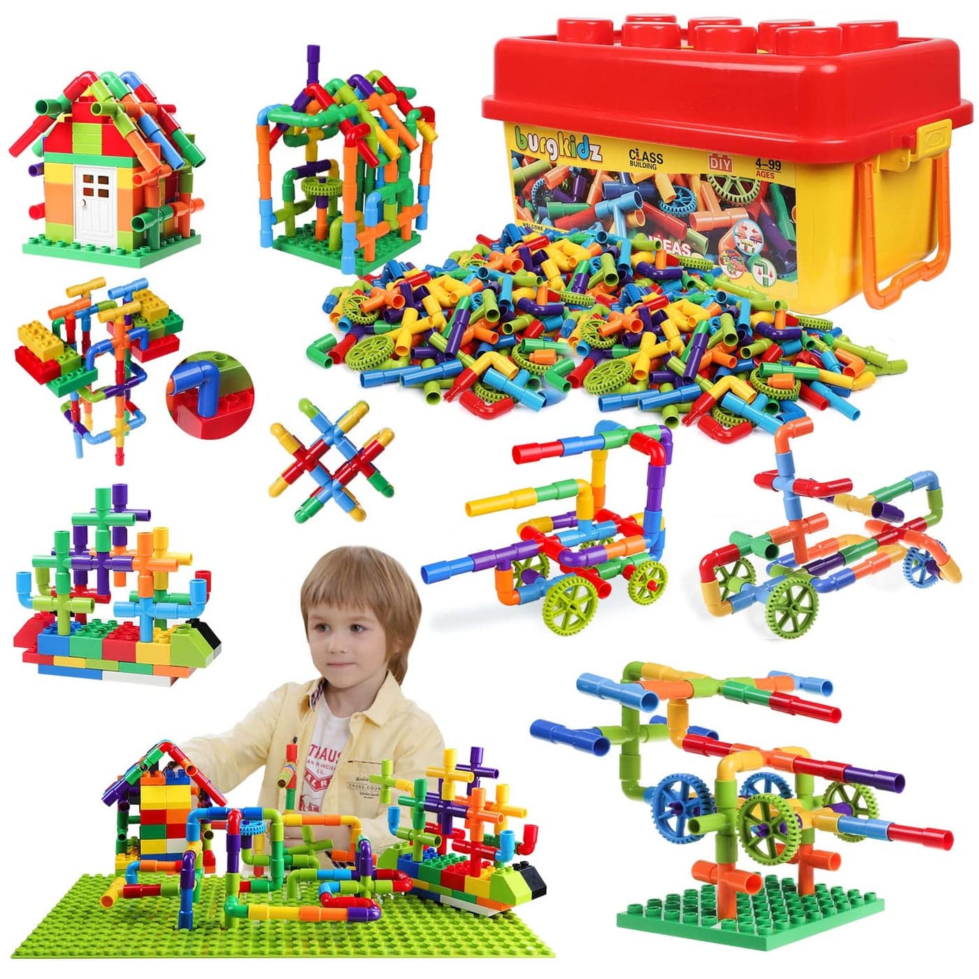 burgkidz 426 Pieces Toy Pipe Creative STEM Tube Locks Construction with Wheels and Mini Baseplate Interlocking Educational Sensory Kit Preschool Learning Toys for Boy and Girls Ages 3