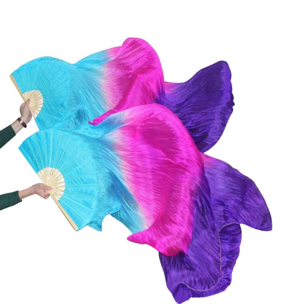 KIKIGOAL 1 Pair(Left+Right) Women Real Silk Belly Dance Fan Veil, Length 180cm Width 90cm (gradual purple)
