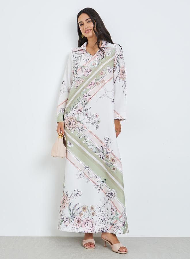 Multi Open Collar Printed Jalabiya