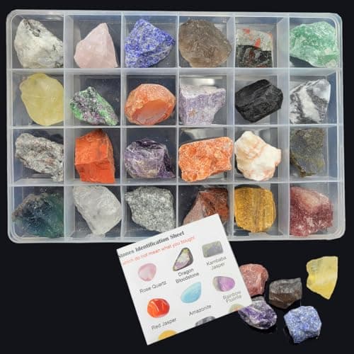 Rock Mineral Collection Kit for Adults and Kids Natural Rocks for Tumbling Polishing Gemstone Raw Crystals Rough Stones for Wicca Reiki 24Pcs