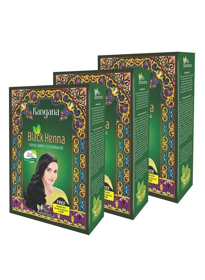 Kangana Black Henna Powder for 100% Grey Coverage | Natural Black Henna Powder for Hair Dye/Color | Naturals Henna Hair Color (Pack of 3)
