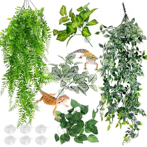 Hamiledyi 5 Pcs Reptile Plants Terrarium Hanging Fake Plant Leaves Bearded Dragon Tank Accessories Habitat Decor for Snake Leopard Gecko Lizard Chameleon Spider Turtle Style 2