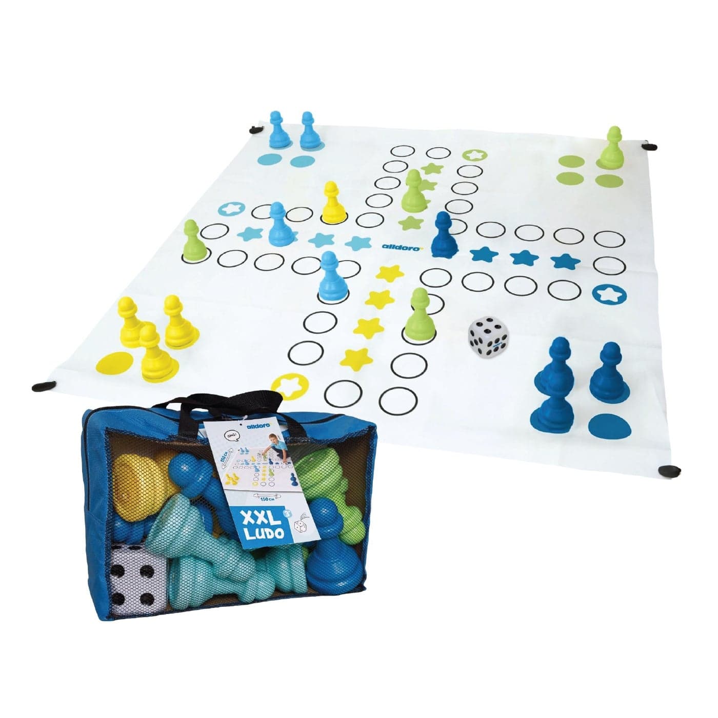 alldoro XXL Ludo Giant Board Game | 150x150cm PVC Playing Field | 16 Water/Sand-Fillable Pieces | XXL 8cm Dice | Indoor Outdoor Family Game Age 3+