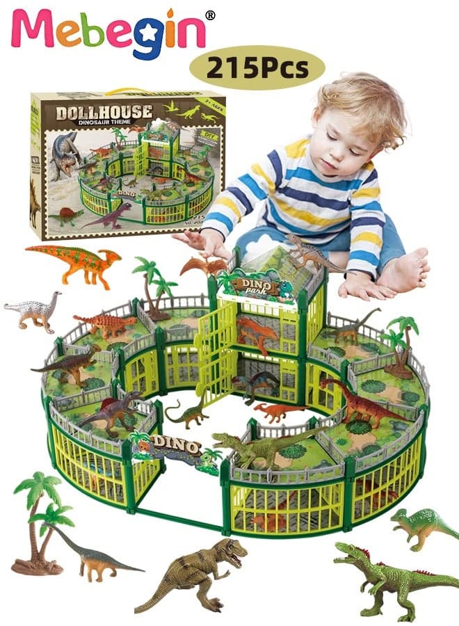 215PCS Dinosaur Building Set, Dinosaur Toys Kit with 18 Dinosaur Figures, Creative Dino Park Playset, Dinosaur-themed Dollhouse, DIY Dino Themed Craft Kit, Fun Interactive Toys, Ideal Gift for Kids, 52*40*23cm