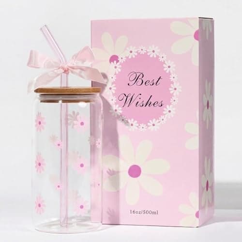 KMCCUMBER Cute Glass Cups with Lids and Straws, Teen Girl Birthday Gifts Daisy Iced Coffee Cup, Pink Aesthetic Mug Tumbler for Mothers Day Christmas Valentines Coffee Lover 16oz