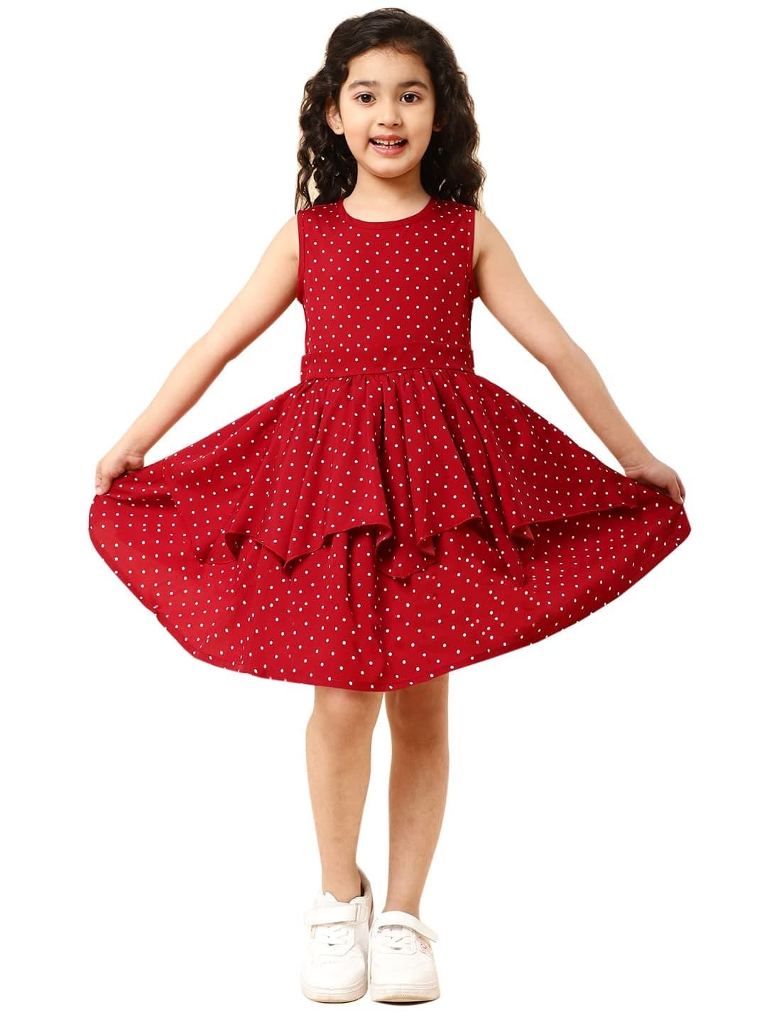 A.T.U.N. (ALL THINGS UBER NICE) Girl Polyester Fit and Flare Casual Knee-Length Dress (GDRS BLD_Maroon-White_3-4 Years)