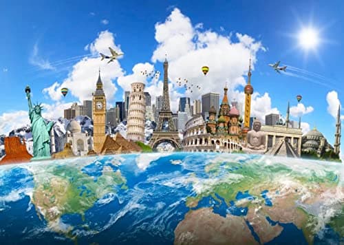 BELECO 5x3ft Fabric Around The World Travel Backdrop Global Travel World Map Photo Background Famous Landmark Earth Backdrop Home Decor Birthday Party Banner Kids Adult Portrait Photoshoot Props