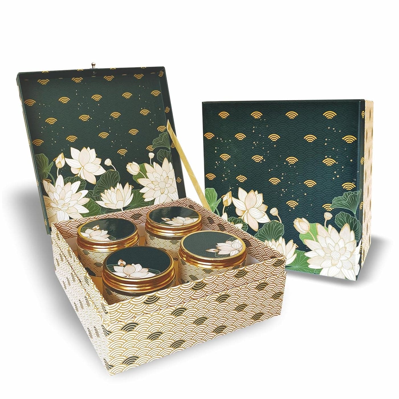 VESTTA ELEGANCE REDEFINED Cardboard Gift Box 9L X 9B X 35H Inch Lotus Floral Gold Foiling Designer Box With 4 Empty Jars For DiwaliWeddingsChristmasCorporate GiftsGift Hampers1 Count