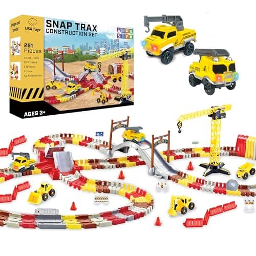 USA Toyz Snap Trax Construction Set Race Tracks for Kids and 2 LED Toy Cars 251 Pk STEM Building Toys Bendable Race Car Track for Boys Girls 3 Construction Trucks Crane Bridges 2 LightUp Trucks