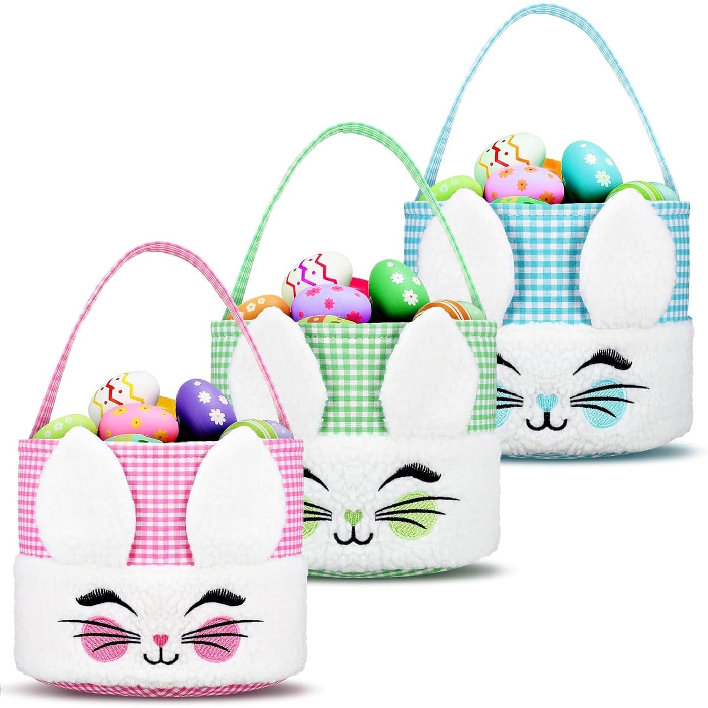 3 Pcs Easter Basket with Handle for Kids Soft Plush Personalized Cute Empty Bunny Basket for Boys and Girls Easter Party Decorations Supplies Gifts Stuffer Egg Candy Storage