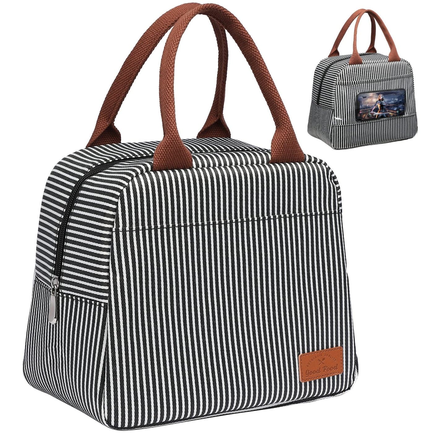 Bagseri Insulated Lunch Bag Women Lunch Bag for Women Men Reusable Lunch Box Leakproof Thermal Cooler Sack Food Handbags Case High Capacity for Work and Picnic Black White Stripe