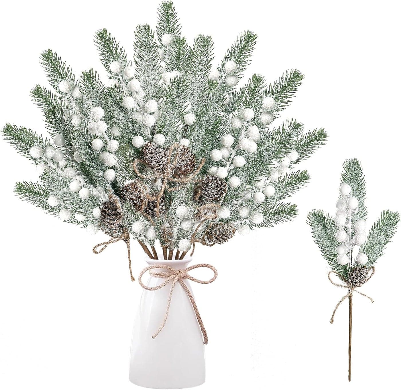 Sggvecsy 6 Pack White Berry Pine Branches with Pine Cones for Xmas Tree Wreath DIY Craft Floral Arrangement Holiday Decor