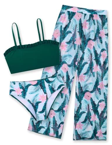 11-12 Years Girl's Bikini Swimwear with Mesh Long Pants 3D Printed Green Hawaiian Beach Tankini Swimsuits Teens 3 Pieces Quick Dry High Waisted Bathing Suits Cute Ruffle Cover Tops for School Swimming