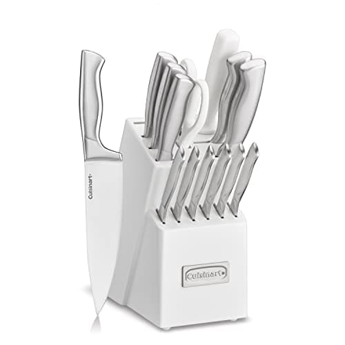 Cuisinart Professional Block Knife Set, 15pc Cutlery Knife Set with Steel Blades for Precise Cutting, Lightweight, Stainless Steel Durable & Dishwasher Safe, White